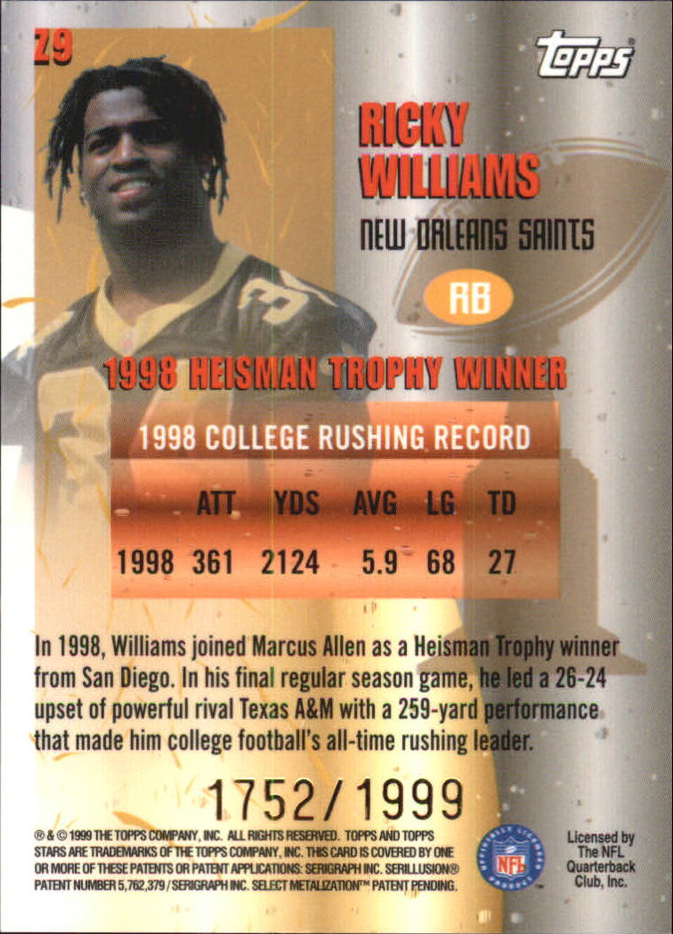 1999 Topps Stars Zone of Their Own #Z9 Ricky Williams back image