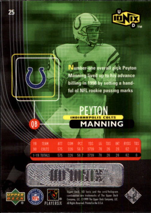 1999 UD Ionix #25 Peyton Manning back image