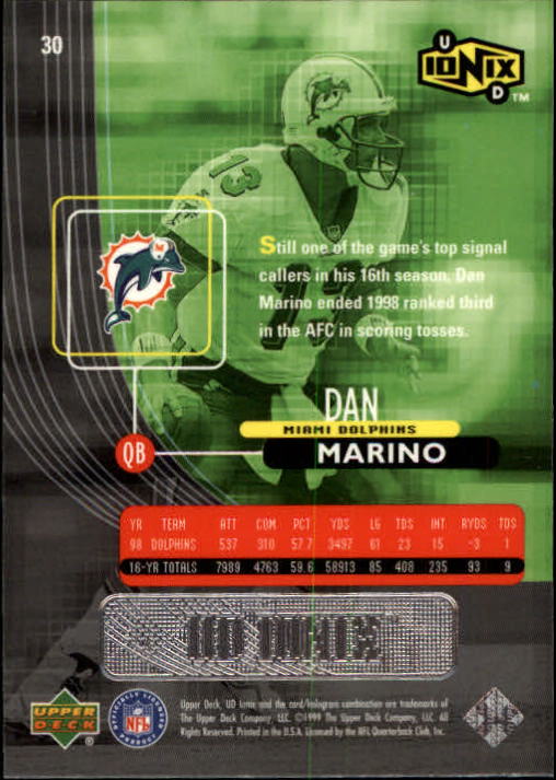 1999 UD Ionix #30 Dan Marino back image