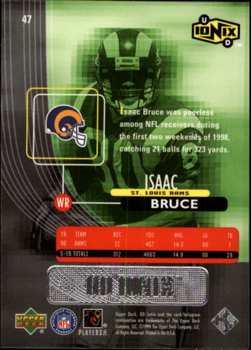 1999 UD Ionix #47 Isaac Bruce back image