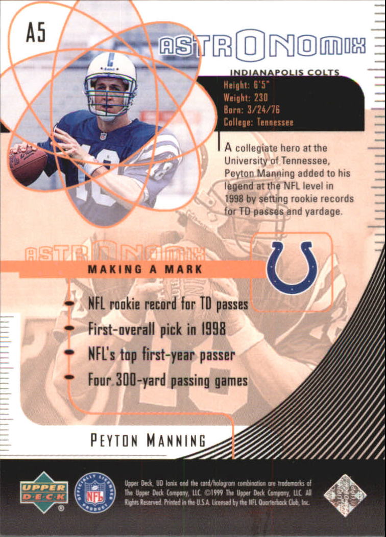 1999 UD Ionix Astronomix #A5 Peyton Manning back image