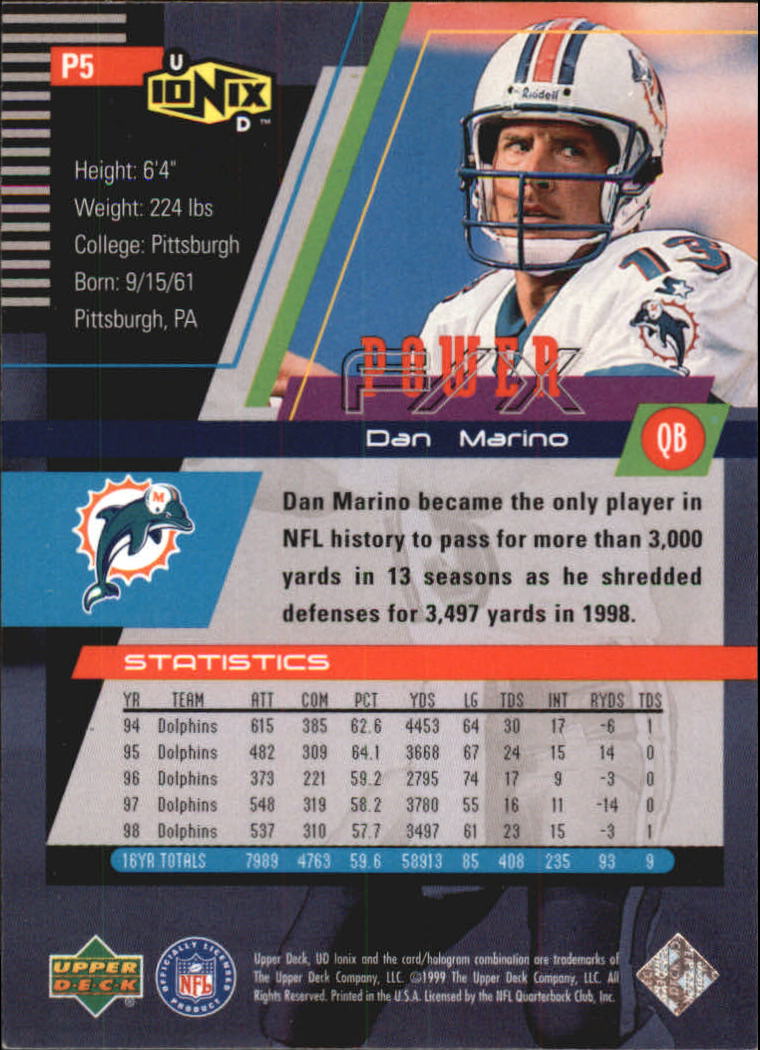 1999 UD Ionix Power F/X #P5 Dan Marino back image