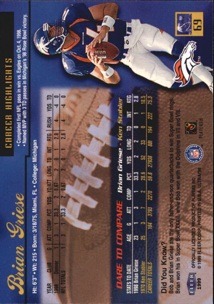 1999 Ultra #69 Brian Griese back image