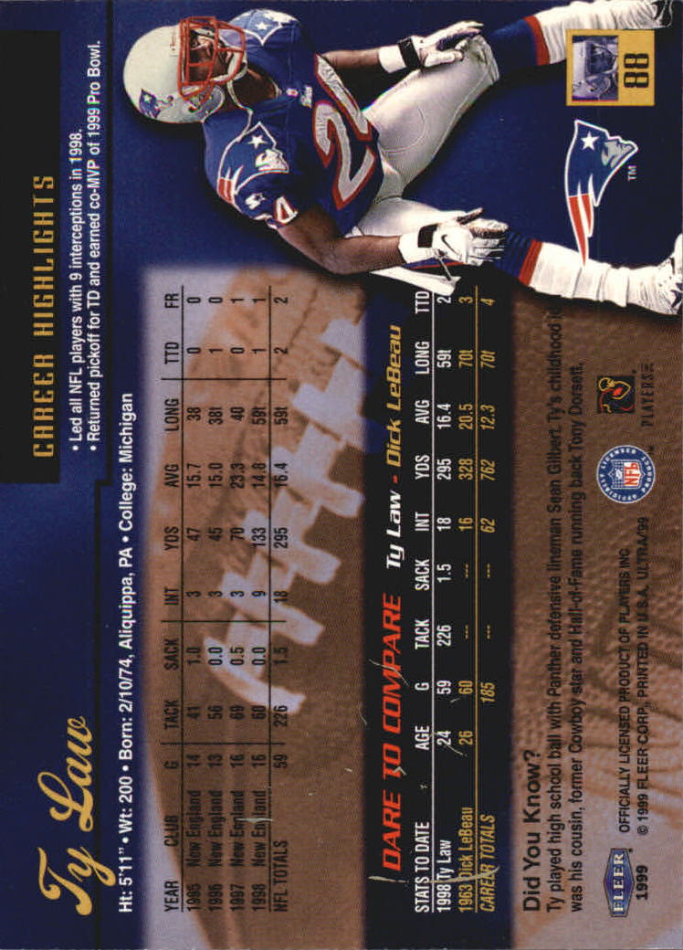 1999 Ultra #88 Ty Law back image