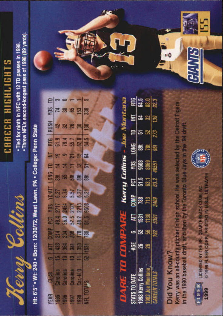 1999 Ultra #155 Kerry Collins back image