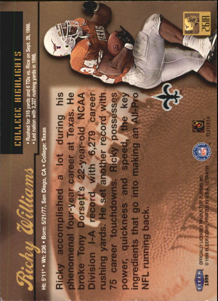 1999 Ultra #261 Ricky Williams RC back image