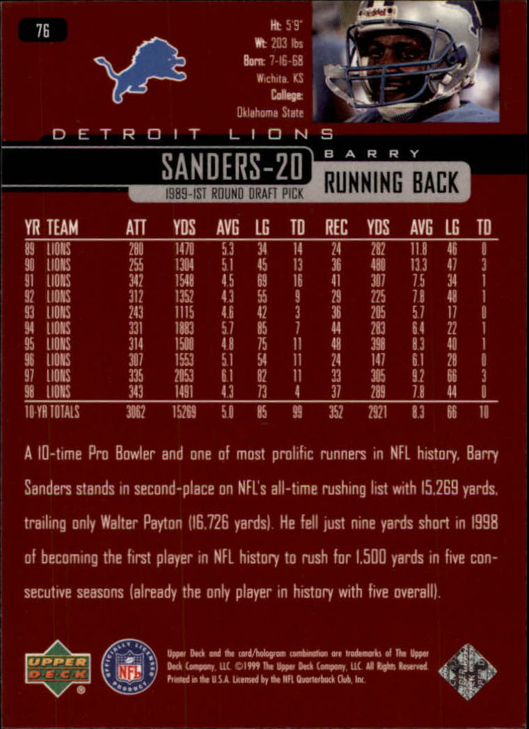 1999 Upper Deck #76 Barry Sanders back image