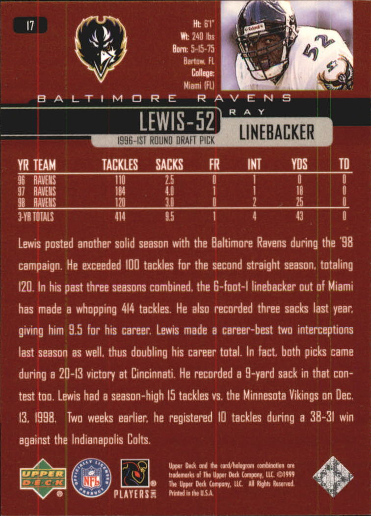 1999 Upper Deck Exclusives 100 #17 Ray Lewis back image