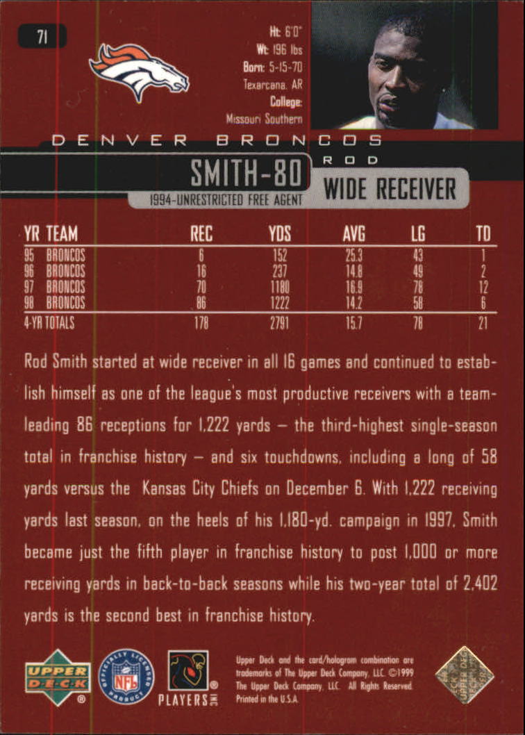 1999 Upper Deck Exclusives 100 #71 Rod Smith back image