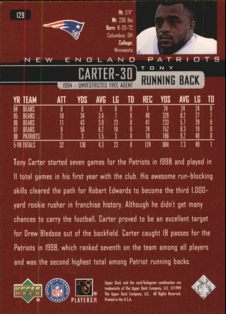 1999 Upper Deck Exclusives 100 #129 Tony Carter back image