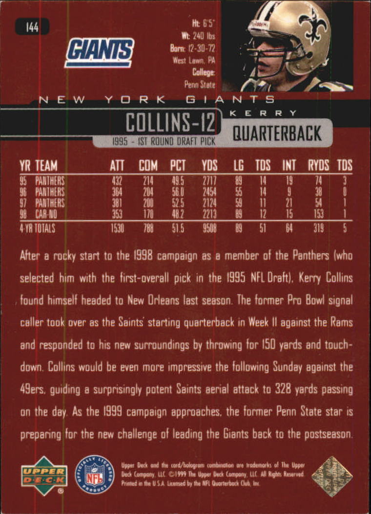 1999 Upper Deck Exclusives 100 #144 Kerry Collins back image