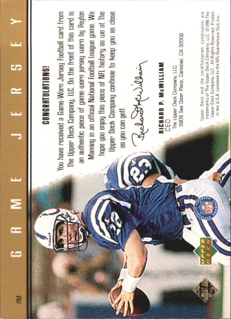 1999 Upper Deck Game Jersey #PM Peyton Manning H back image