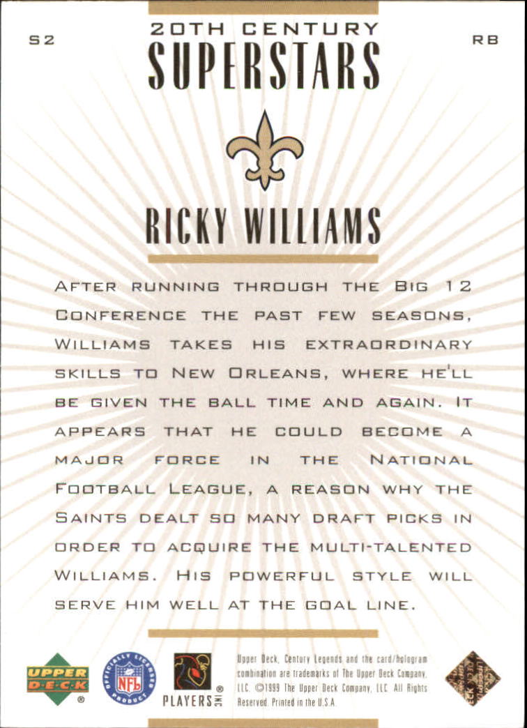 1999 Upper Deck Century Legends 20th Century Superstars #S2 Ricky Williams back image