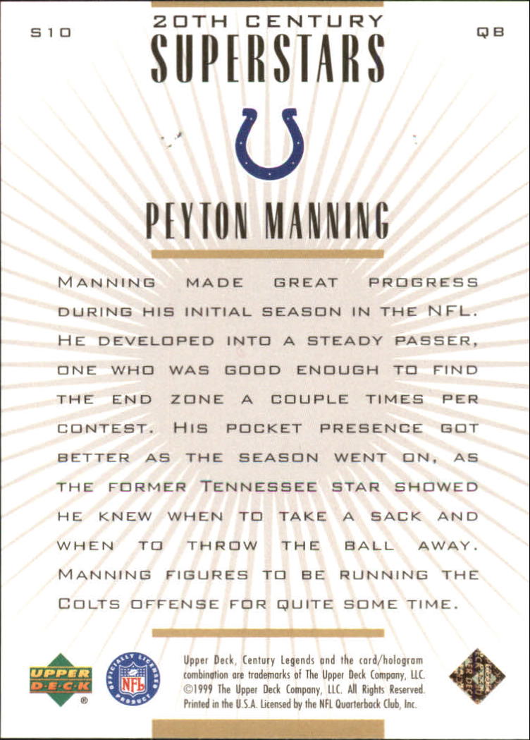 1999 Upper Deck Century Legends 20th Century Superstars #S10 Peyton Manning back image