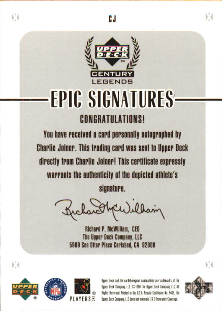 1999 Upper Deck Century Legends Epic Signatures #CJ Charlie Joiner back image