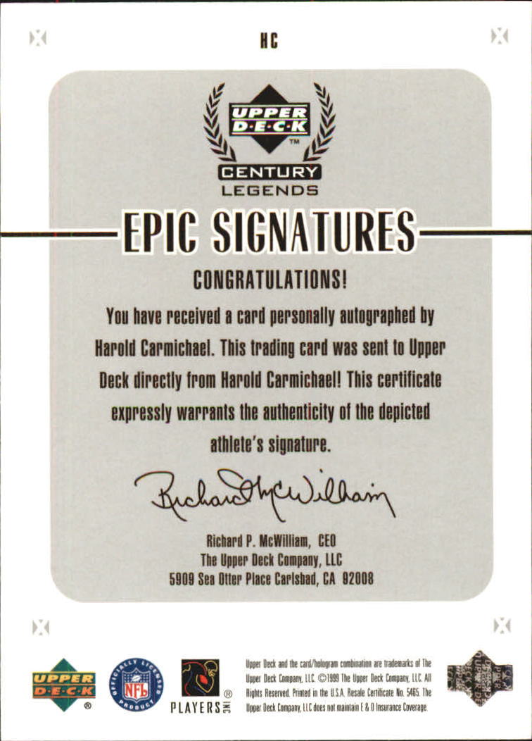 1999 Upper Deck Century Legends Epic Signatures #HC Harold Carmichael back image