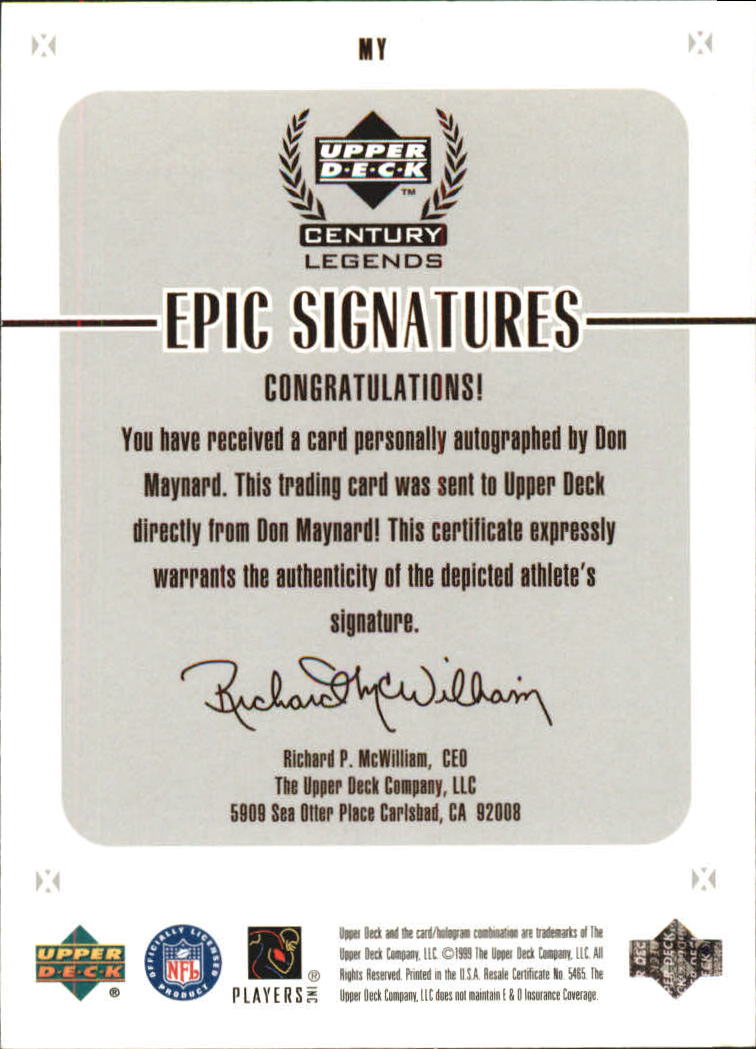 1999 Upper Deck Century Legends Epic Signatures #MY Don Maynard back image