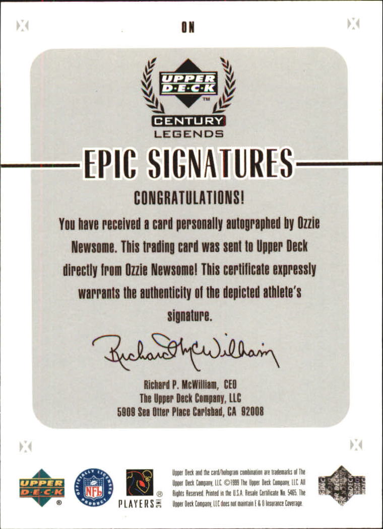1999 Upper Deck Century Legends Epic Signatures #ON Ozzie Newsome back image