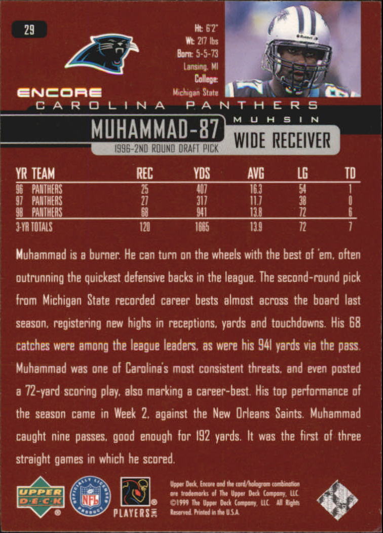 1999 Upper Deck Encore #29 Muhsin Muhammad back image