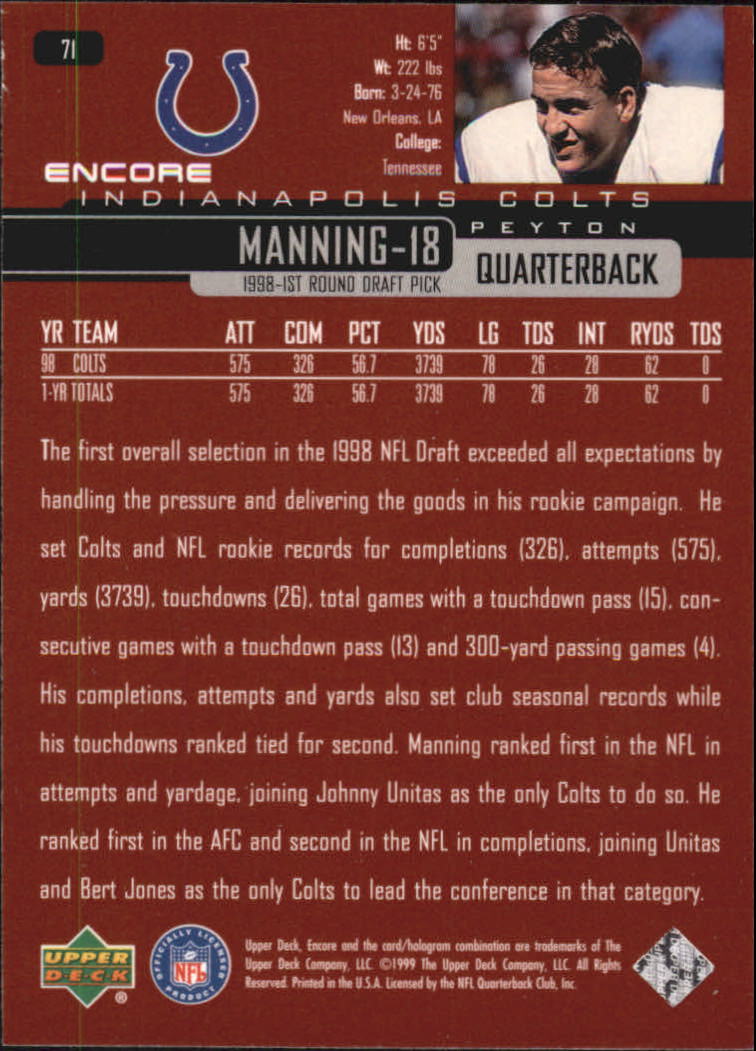 1999 Upper Deck Encore #71 Peyton Manning back image