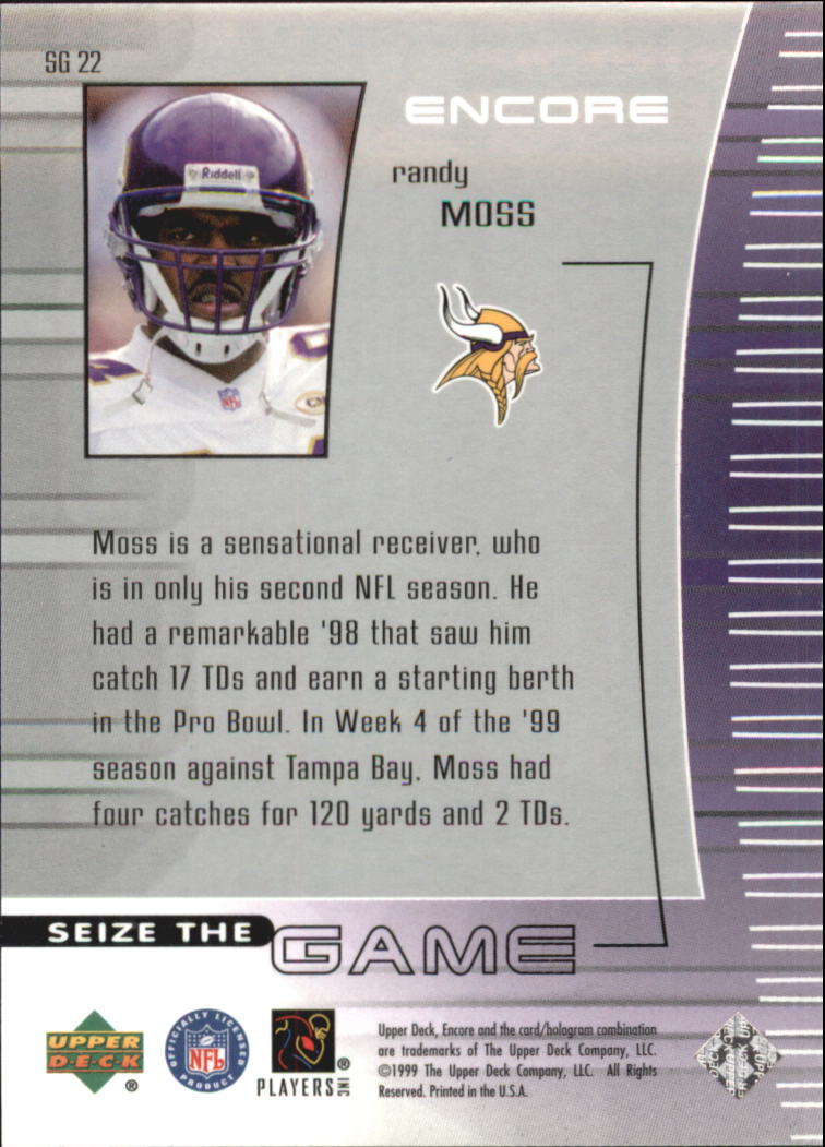 1999 Upper Deck Encore Seize the Game #SG22 Randy Moss back image