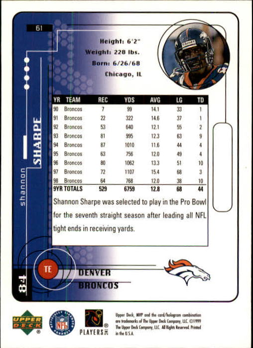 1999 Upper Deck MVP #61 Shannon Sharpe back image
