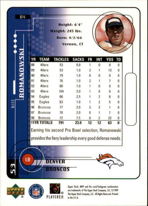 A1836- 1999 Upper Deck MVP FB Cards 1-220 +Rookies -You Pick- 15+ FREE US SHIP - Picture 123 of 419
