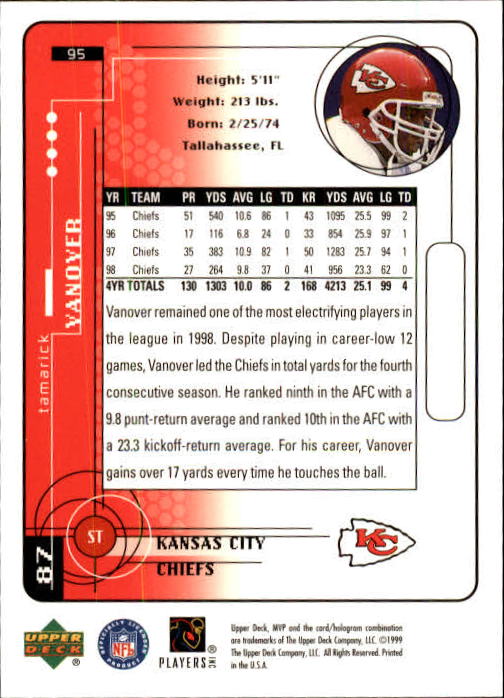 A1836- 1999 Upper Deck MVP FB Cards 1-220 +Rookies -You Pick- 15+ FREE US SHIP - Picture 185 of 419