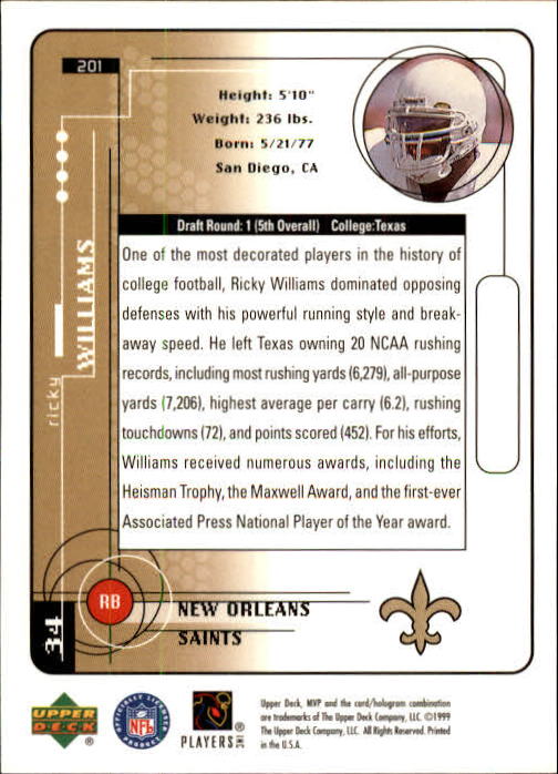 1999 Upper Deck MVP #201 Ricky Williams RC back image