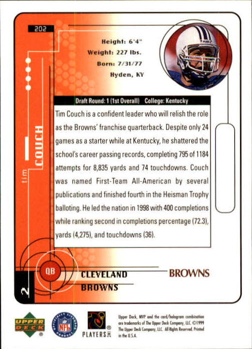 1999 Upper Deck MVP #202 Tim Couch RC back image