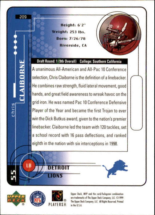 1999 Upper Deck MVP #209 Chris Claiborne RC back image