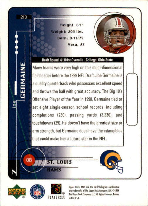 A1836- 1999 Upper Deck MVP FB Cards 1-220 +Rookies -You Pick- 15+ FREE US SHIP - Picture 403 of 419