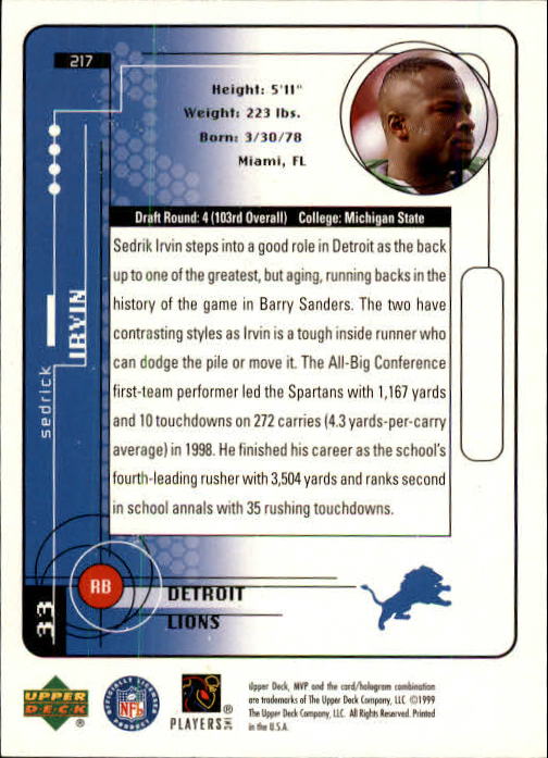 1999 Upper Deck MVP #217 Sedrick Irvin RC back image