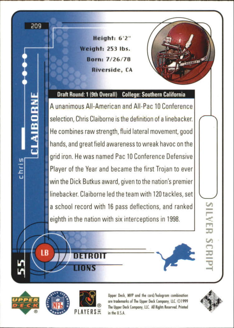 1999 Upper Deck MVP Silver Script #209 Chris Claiborne back image