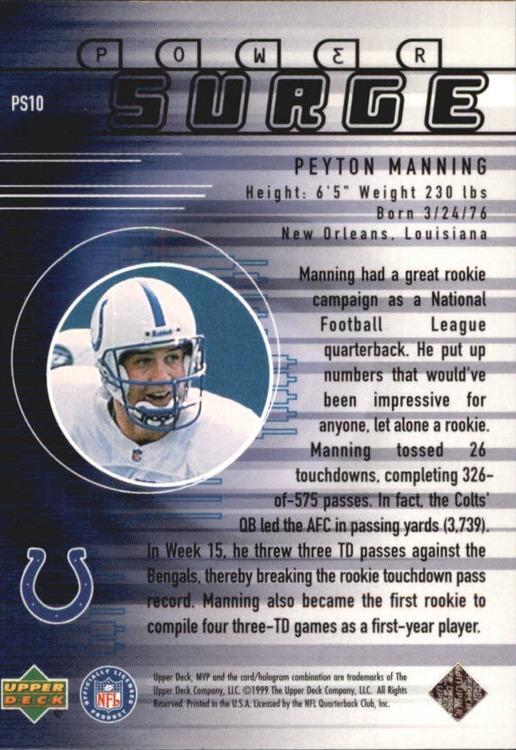 1999 Upper Deck MVP Power Surge #PS10 Peyton Manning back image