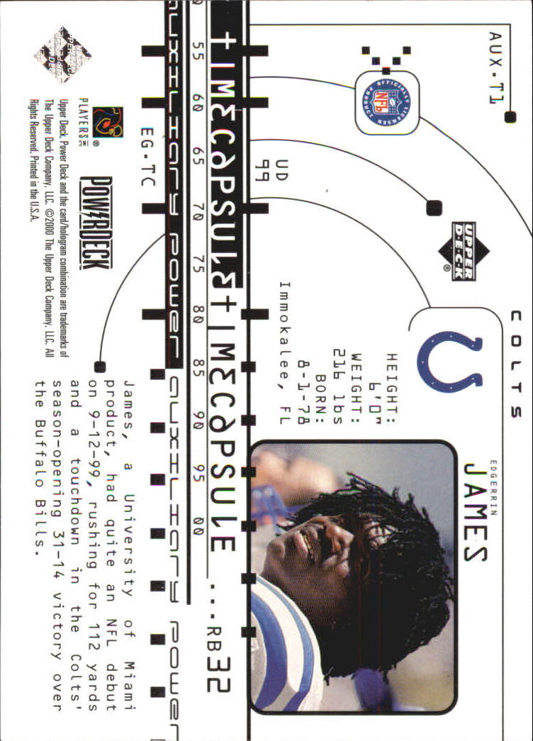 1999 Upper Deck PowerDeck Time Capsule Auxiliary #T1 Edgerrin James back image