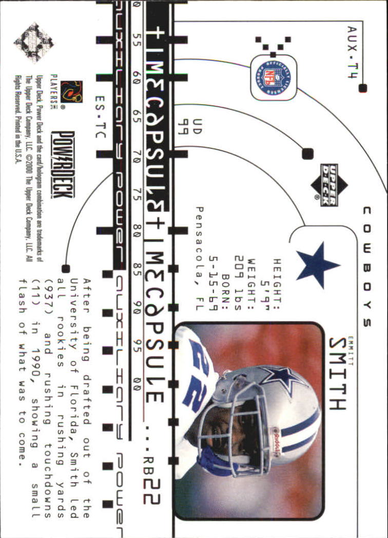 1999 Upper Deck PowerDeck Time Capsule Auxiliary #T4 Emmitt Smith back image