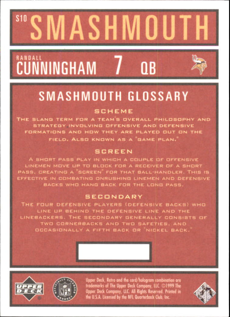 1999 Upper Deck Retro Smashmouth #S10 Randall Cunningham back image