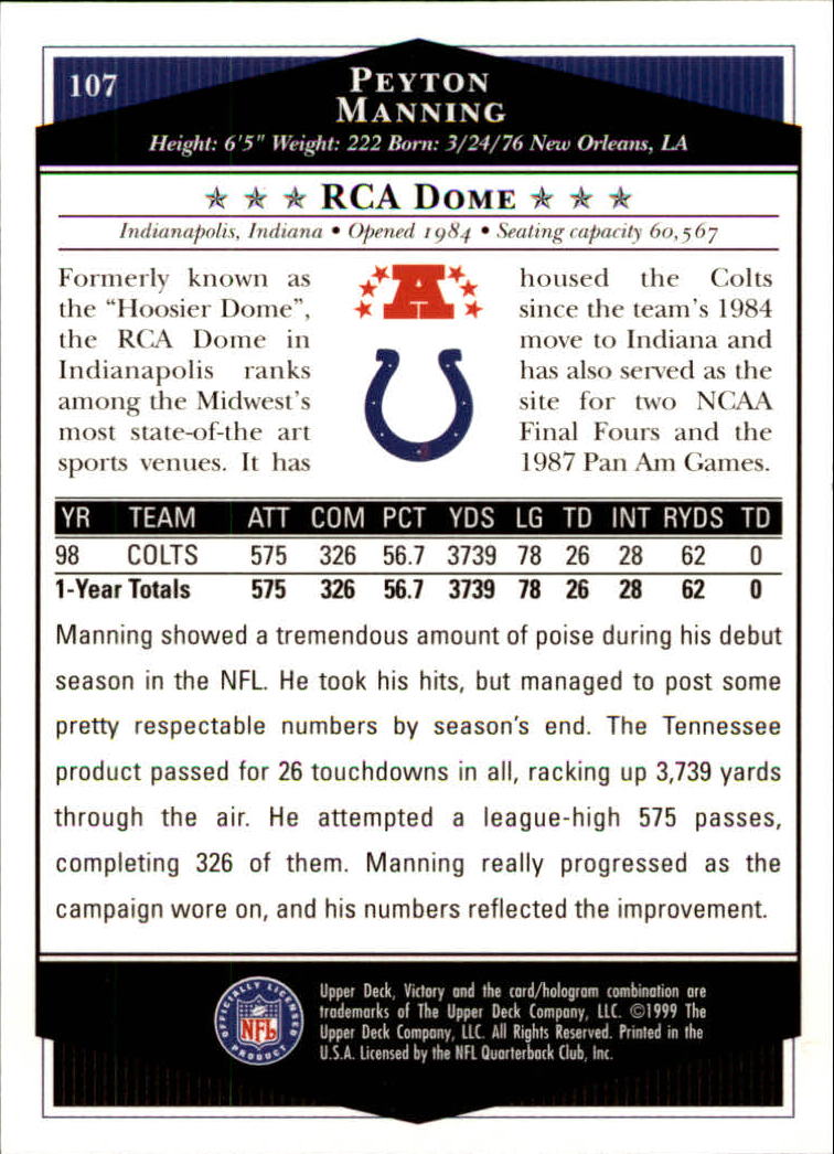 1999 Upper Deck Victory #107 Peyton Manning back image