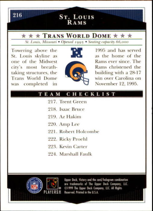 1999 Upper Deck Victory #216 St. Louis Rams CL back image