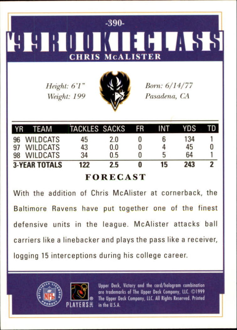 1999 Upper Deck Victory #390 Chris McAlister RC back image