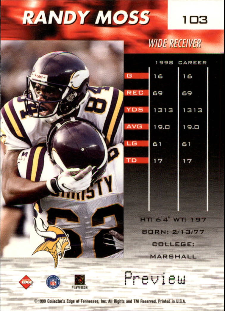 1999 Collector's Edge Fury Galvanized Previews #103 Randy Moss back image