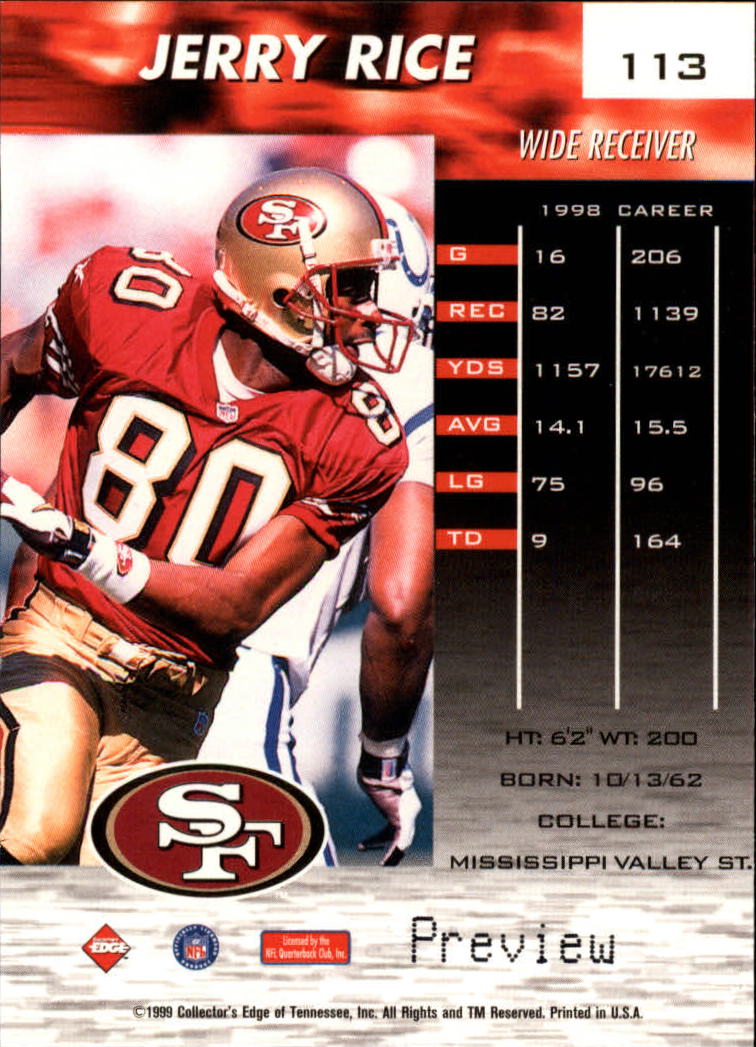 1999 Collector's Edge Fury Galvanized Previews #113 Jerry Rice back image