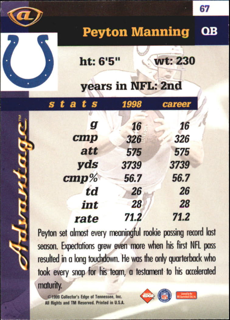 1999 Collector's Edge Millennium Collection Advantage #67 Peyton Manning back image