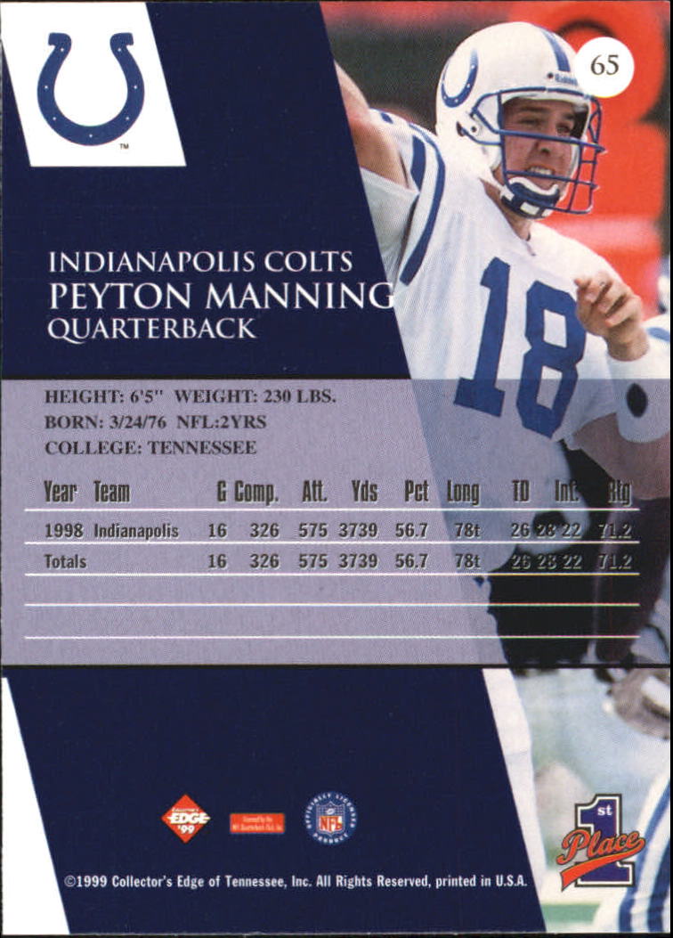 1999 Collector's Edge Millennium Collection First Place #65 Peyton Manning back image