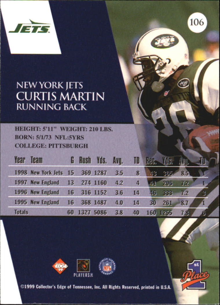 1999 Collector's Edge Millennium Collection First Place #106 Curtis Martin back image