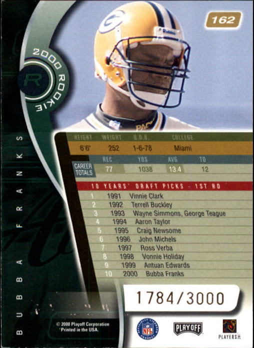 2000 Absolute #162 Bubba Franks RC back image