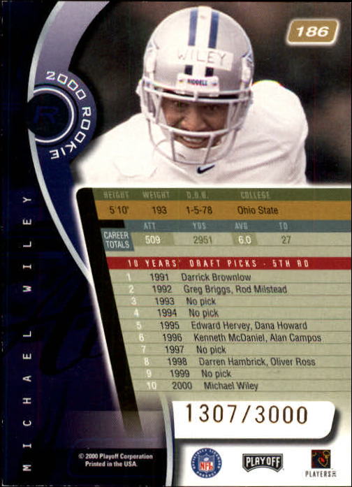 2000 Absolute #186 Michael Wiley RC back image