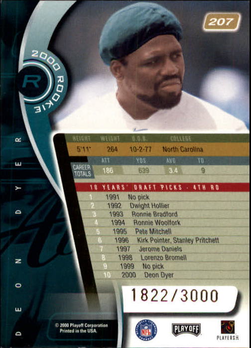 2000 Absolute #207 Deon Dyer RC back image