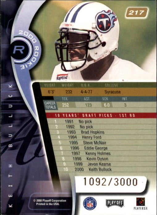 2000 Absolute #217 Keith Bulluck RC back image